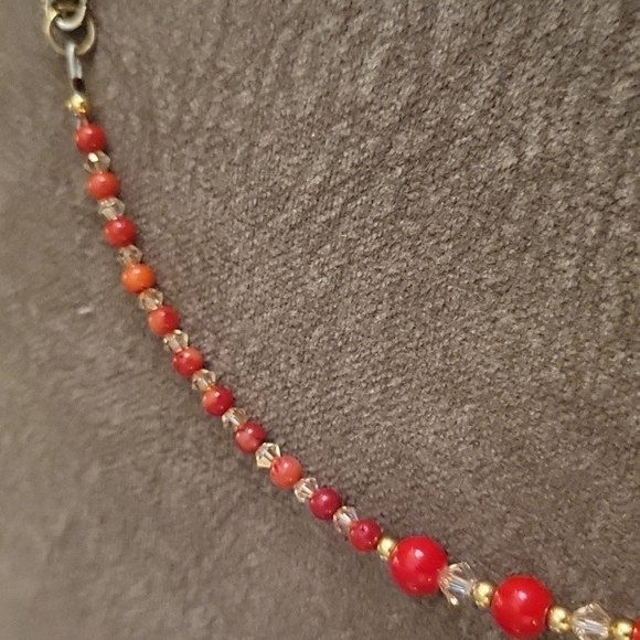 𝅺HANDMADE Red Coral Gold Swarovski Crystal Beaded Valentine's Necklace - Picture 5 of 9